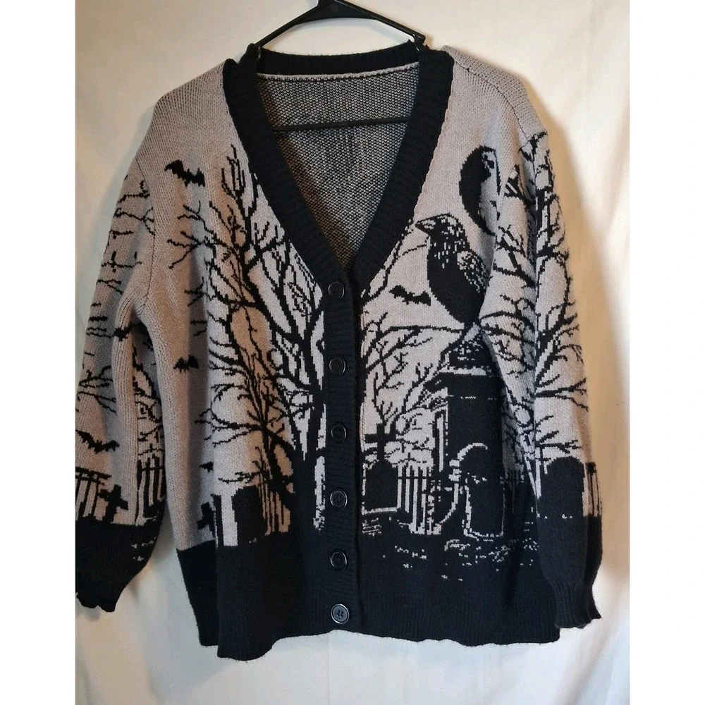 ROMWE Gothic Horror Print Loose Fit Color Block Cardigan, 1XL - Picture 1 of 8